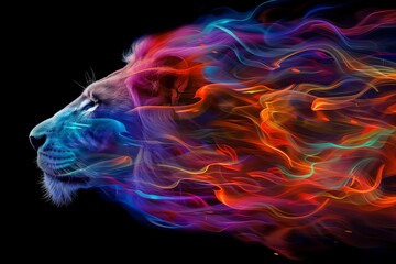 Abstract lion portrait in a multicolored flame Symbolizing fierce creativity and power