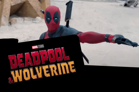 Logo of Deadpool and Wolverine movie on phone screen with movie trailer on the background on TV screen.