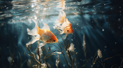 Elegant Goldfish Pair Dancing in the Water, a Graceful Aquatic Performance created with Generative AI technology