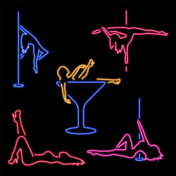 striptease group of neon icons, vector illustration on black background.