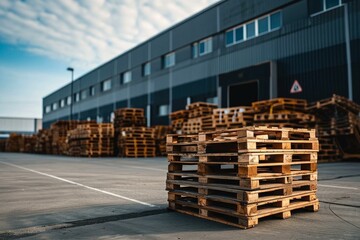 Modern industrial warehouse yard with stacks of wooden pallets