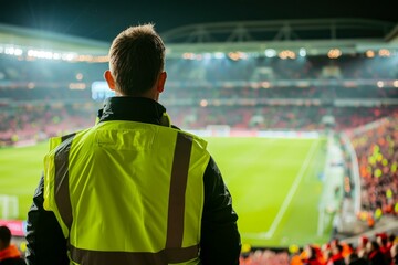 Security staff overseeing crowded football stadium at night