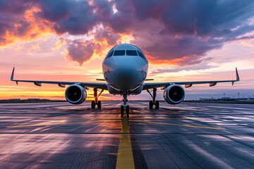 Twin engine commercial airplane at sunrise on runway before takeoff, frontal shot - obrazy, fototapety, plakaty