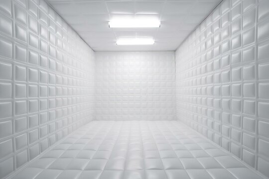 White padded seclusion room with LED lights overhead in an asylum