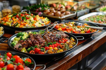 Delicious array of catering buffet food presented in an indoor restaurant setting Featuring grilled meats and a variety of gourmet dishes Perfect for social events and celebrations