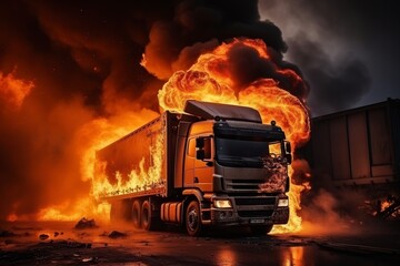 Massive explosion of freight fuel truck with intense fire and thick smoke clouds - obrazy, fototapety, plakaty