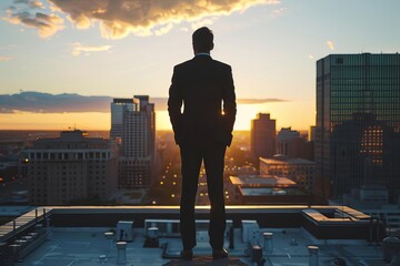 Elegant businessman overlooking the city from a rooftop Symbolizing success and visionary leadership - obrazy, fototapety, plakaty