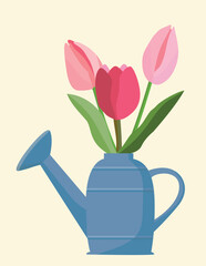 An illustration with stylized Tulips in a watering can. Bouquet. Garden. Spring. The texture. Blue, pink, green, orange, gray. For postcards, magazines, websites, invitations.