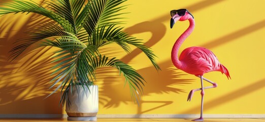 Pink Flamingo Wearing Sunglasses Among Palm Trees