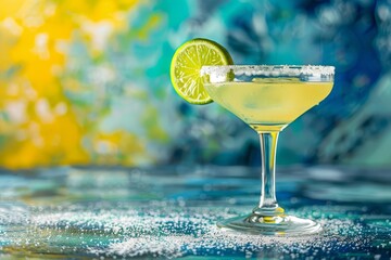 Margarita cocktail with salt rim Lime wedge Isolated on a vibrant background - obrazy, fototapety, plakaty
