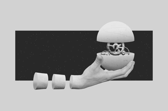 Surrealistic hand holding a sphere with gear wheels inside