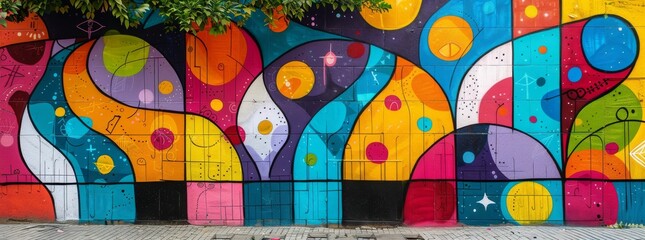 Vibrant street art mural on an urban wall featuring abstract geometric shapes and colorful patterns, symbolizing the creative pulse of the city's culture.