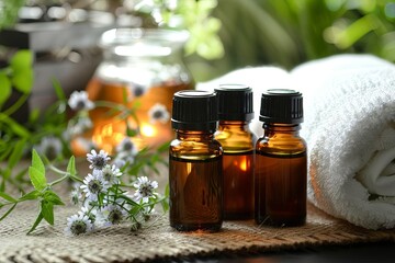 Natural wellness Essential oils collection Aromatherapy benefits Herbal extracts Serene spa setting - obrazy, fototapety, plakaty