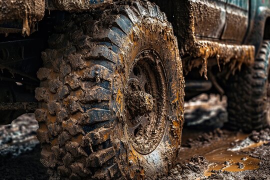Off-road vehicle in mud. A close-up shot of a rugged, mud-covered pickup truck, its massive tires gripping the earth. The image highlights the raw power and durability of the vehicle. 