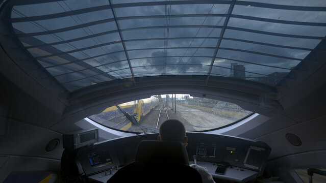 Train driver at ICE controls (intercity express railway), Netherlands