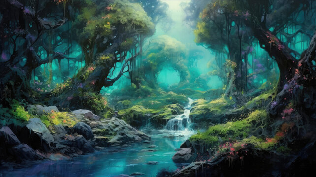 a painting of a forest with trees covered in moss and a waterfall