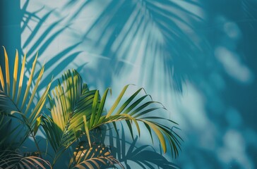 Fototapeta na wymiar Palm Leaves Against a Blue Background