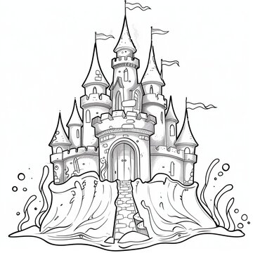 recommend clip art: Clean and detailed outlines of big sandcastle design with mermaid theme, isolated on a plain white background for printing on an adult's shirt.