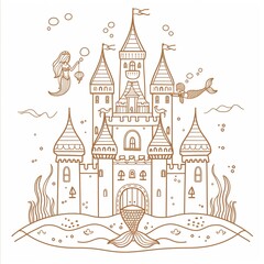 Fototapeta premium Clean outlines of big sandcastle design with mermaid theme, isolated on a plain white background for printing on an adult's shirt.