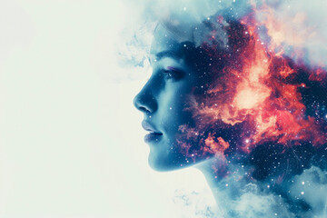 beautiful fantasy abstract portrait of a beautiful woman double exposure with a colorful digital space nebula,