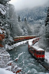 Red Train Traveling Through Snow Covered Forest