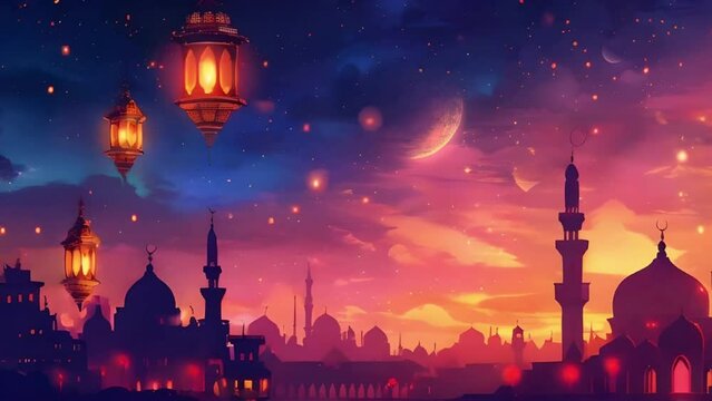 Eid mubarak and ramadan kareem greetings with Islamic lanterns, mosque wallpaper background, vector illustration