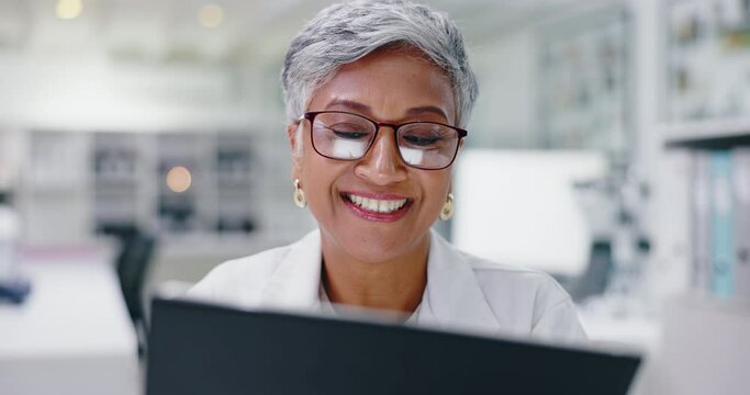 Woman, tablet and smile in lab for medical research with internet for futuristic innovation, breakthrough or report. Mature person, online and healthcare project in India or biotech, chemistry or web
