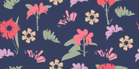 Hand-drawn seamless pattern with floral print. Abstract multi-colored daisies on dark blue background. Vector pattern for printing on fabric, gift wrapping, covers, wallpapers.