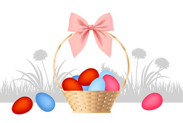 Greeting card with multi colored Easter eggs in a wicker basket with a rose bow in 3d style and grey silhouette of grass and flowers