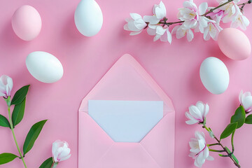 Pink envelope with white paper inside. Baby pink background with Easter eggs and flowers decoration.