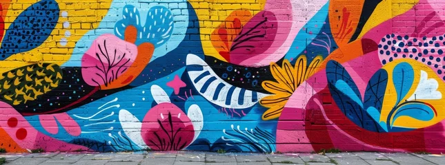 Fototapeten Colorful and whimsical street mural of abstract, stylized floral and eye motifs, embodying playfulness and the fusion of nature and art in an urban landscape. © DailyStock