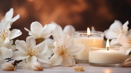 Fototapeta na wymiar burning candles with a warm brown background, vanilla flowers, spa, relax and wellness concept, Burning aromatic candles with vanilla flowers
