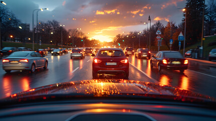 Cars in rush hour with traffic at dawn