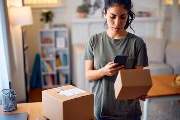 Hispanic woman using mobile app while rating her home delivery experience.