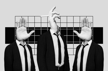 Group of surrealistic men with hands instead of a heads