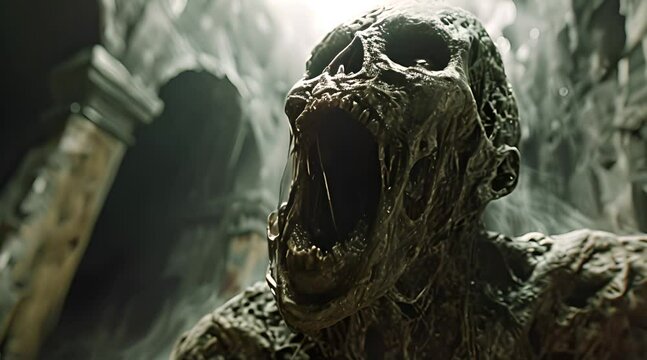 Reanimated mummified corpse with wide open mouth is about to bite someone