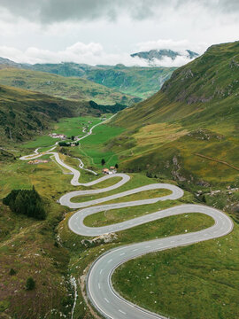 Aerial view of serpentine road in Swiss Alps 