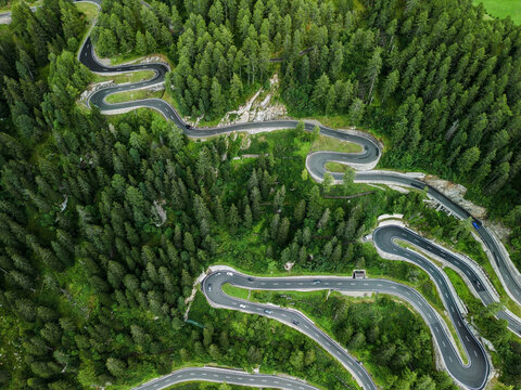Aerial view of serpentine road in Swiss Alps 