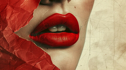 Beautiful female lips with red lipstick and torn paper on grunge background. Handmade contemporary retro collage concept