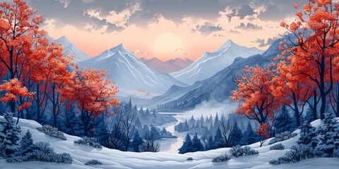 Beautiful winter nature landscape, amazing mountain view. Scenic image of woodland. Frosty day on...