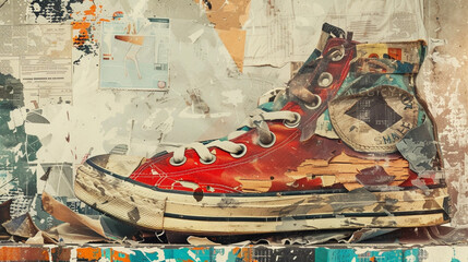 Grunge image of old sneakers on a background of torn posters. Handmade contemporary retro collage concept