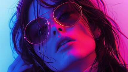 Woman in sunglasses with reflections under colorful neon lights, stylish and trendy