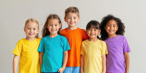A group of diverse children standing in a row next to each other, smiling and looking at the camera.