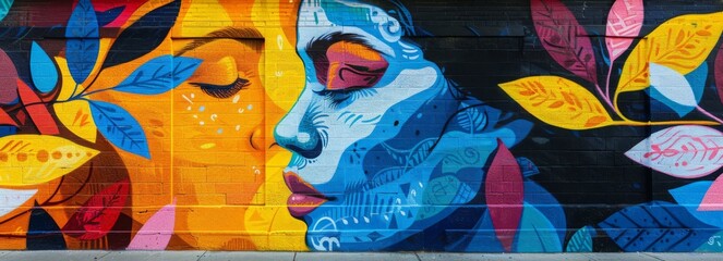 Mural of a contemplative female face amidst colorful abstract botanical elements