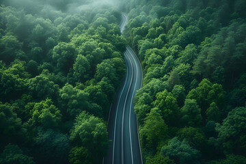 Aerial view of the mountain road in a green forest
