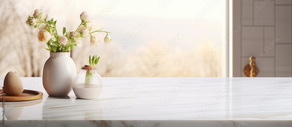 Poster three vases of various sizes are placed on a table, each containing fresh flowers. the table is simp