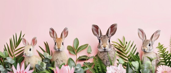 pink banner with Easter bunnies with free space