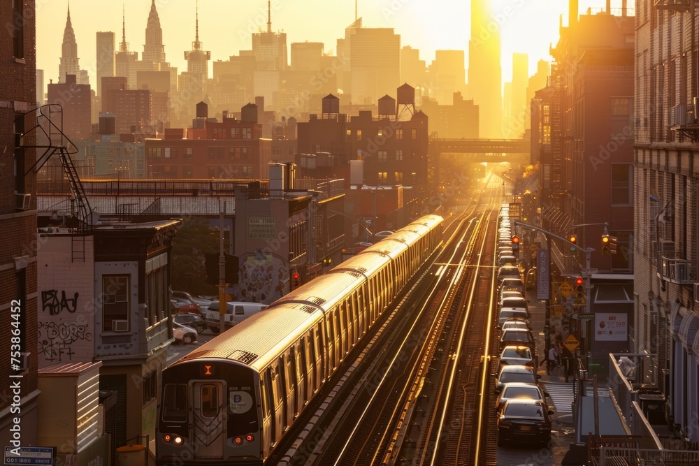 Wall mural photograph of New York City the subway train is passing in the style of golden hour Generative AI