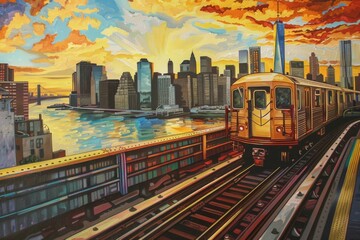 Obraz premium A painted golden subway train on the New York City subway system Generative AI