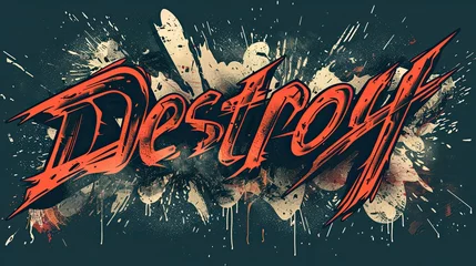 Fotobehang The image features a dynamic and gritty graphic with the word "Destroy" in stylized red text © StasySin